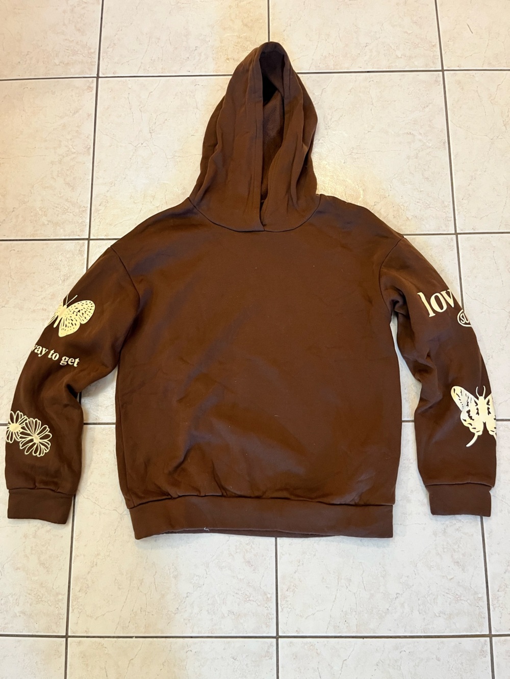 SHEIN Brown Crewneck Hoodie with Cream Floral & Butterfly Prints
